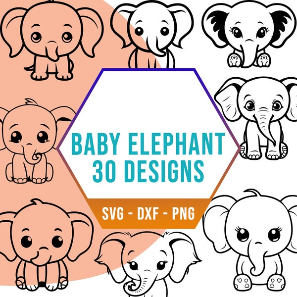 Cute Baby Elephant SVG PNG Bundle, Simple Safari Zoo Cub Animal SVG Pack, Cricut Silhouette Files for Laser Cutter