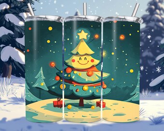 Happy Christmas Tree Tumbler Wrap, Festive Holiday Scene Sublimation Design PNG, 20oz Skinny Digital Download