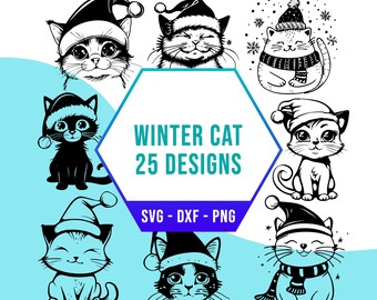 Cute Winter Cat SVG Bundle, Christmas Season Kitten SVG Pack, Cricut Silhouette PNG Files for Laser Cutter
