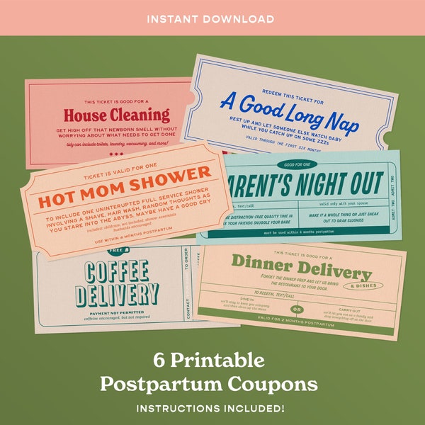 Postpartum Favor Coupons - Perfect Gift! / 8.5x11" Instant Download – Print at home!