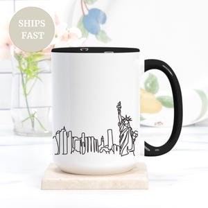 New York City Skyline Mug – Black & White Line Art Coffee Cup, NYC Souvenir Gift, Wraparound Design, Modern Minimalist Mug, Fast Shipping