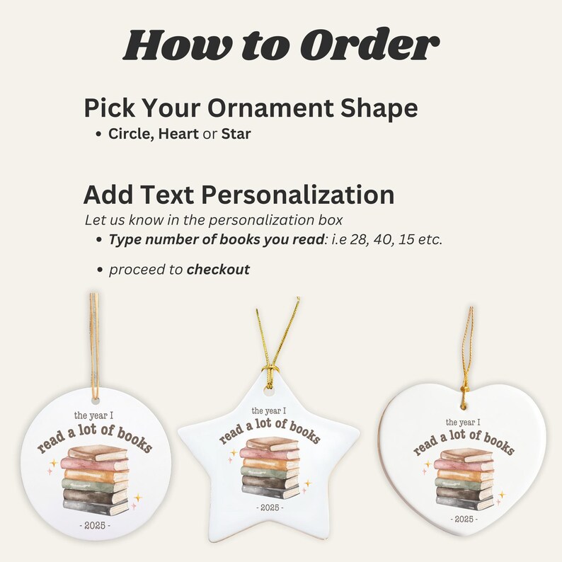 May include: White ceramic ornaments in circle, star, and heart shapes, each with a stack of books illustration and the text "read a lot of books" and "-2025-". Gold string for hanging.