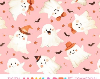 Cute Ghosts on Pink Seamless Pattern, Creepy Cute Halloween Repeat Patten, Cute Girly Halloween Download