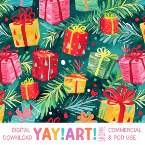 Cadeaux de Noël et modèle sans couture de branches à feuilles persistantes, coups de pinceau expressifs lumineux audacieux, cadeaux de vacances fantaisistes en téléchargement numérique