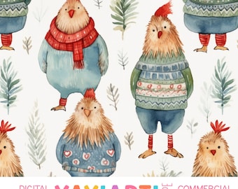 Chickens in Sweaters Seamless Pattern, Watercolor Winter Silly Repeat Pattern, Whimsical Christmas Holiday Digital Download