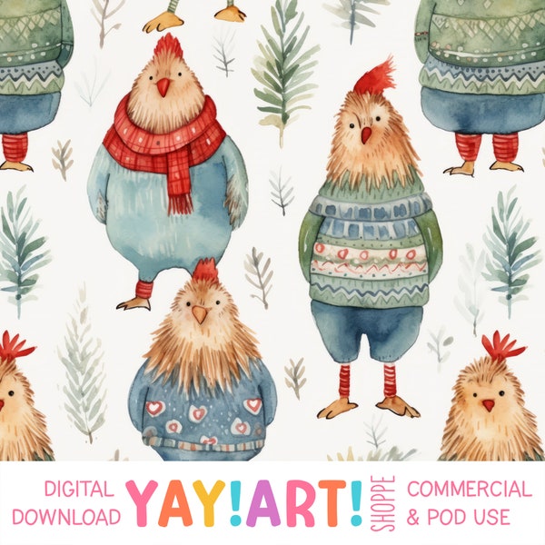 Chickens in Sweaters Seamless Pattern, Watercolor Winter Silly Repeat Pattern, Whimsical Christmas Holiday Digital Download