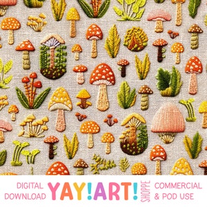 Modèle sans couture brodé de champignons, fil à broder imitation peinture, téléchargement numérique de plante d'intérieur de cactus cousu