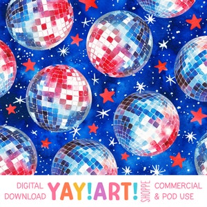 4th of July Disco Balls Seamless Pattern, Patriotic Party Repeat Patten, Red White and Blue Celebration Digital Download