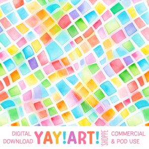 May include: A seamless pattern of colorful watercolor squares in shades of pink, blue, green, yellow, and orange. The squares are arranged in a diagonal pattern on a white background.