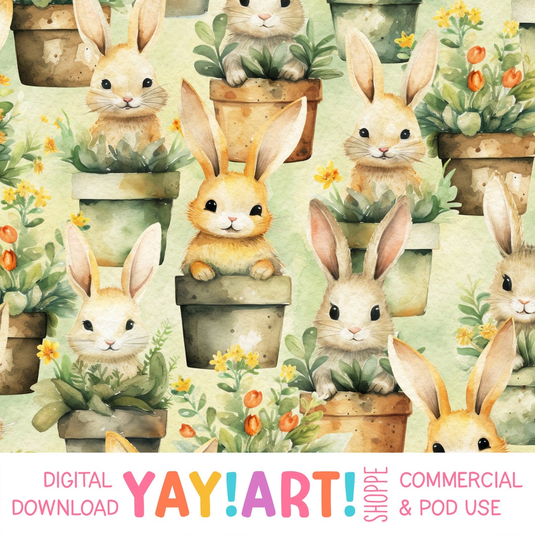 Potted Bunnies Seamless Pattern, Cute Spring Rabbits Floral Pattern ...