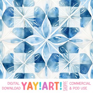 Painted Blue Tiles Seamless Pattern, Watercolor Geometric Mosaic, Blue and White Digital Download