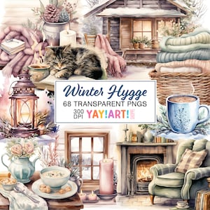 Winter hygge aquarel clipart bundel set, gezellige winter comfort illustraties, rustige serene ontspannende PNG's digitale download