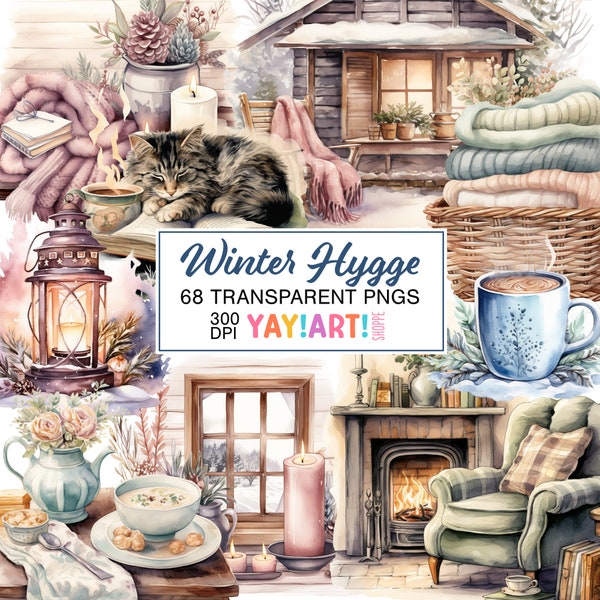Winter Hygge Watercolor Clipart Bundle Set, Cozy Winter Comfort Illustrations, Tranquil Serene Relaxing  PNGs Digital Download