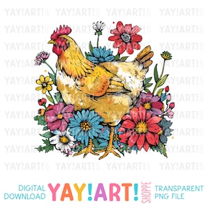 Chicken & Florals Transparent PNG Clipart, Cute Bird Sublimation Design, Farm Animal DTF Heat Transfer Design Digital Download
