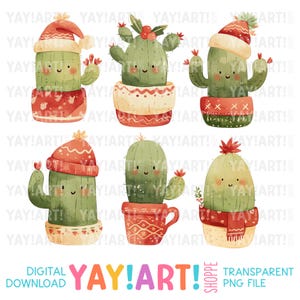 Cactos de Natal fofos PNG clipart transparente, design de sublimação de cactos de Natal, transferência de calor digital DTF de Natal Kawaii para download