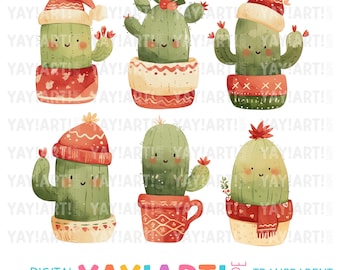 Cute Christmas Cacti Transparent PNG Clipart, Holiday Cactus Sublimation Design, Kawaii Christmas DTF Heat Transfer Digital Download