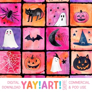 May include: A set of 16 watercolor illustrations featuring Halloween themes. The illustrations include a spider, a black cat, a ghost, a pumpkin, a bat, a crescent moon with a spiderweb, a witch's hat, and a spiderweb. The illustrations are set against a background of pink, orange, and purple watercolor washes.