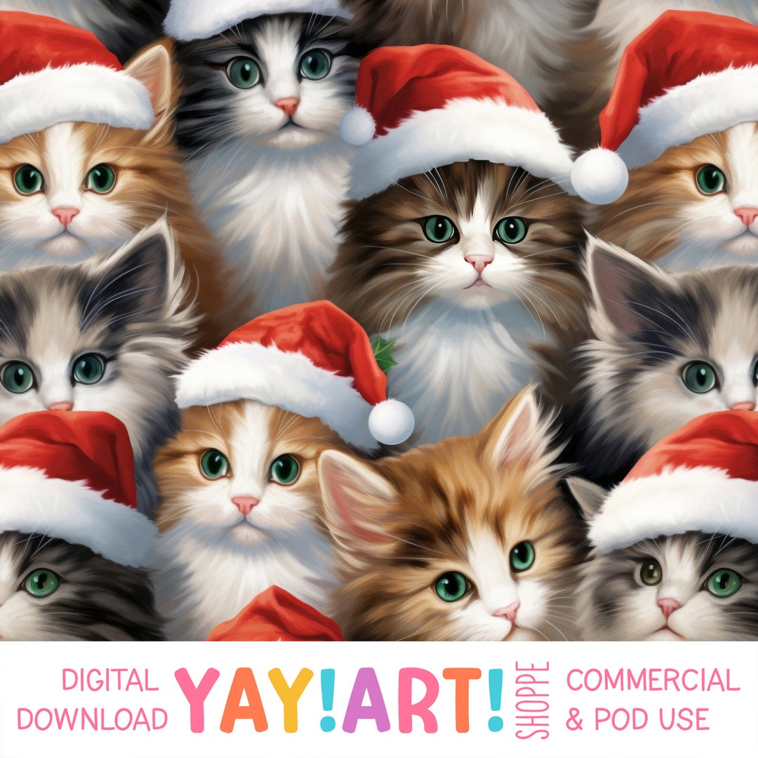 Kittens in Santa Hats Seamless Pattern, Christmas Kitty Cat Design ...