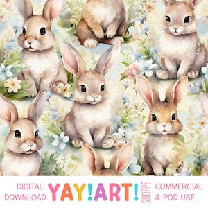 Könnte beinhalten: Ein nahtloses Muster mit Aquarell-Illustrationen von niedlichen braunen Kaninchen, die in einem Feld mit bunten Blumen sitzen. Der Hintergrund ist ein sanftes Gelb mit grünem Laub.