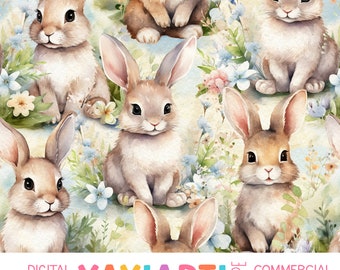 Cute Bunnies Seamless Pattern, Cute Spring Rabbits Floral Pattern, Watercolor Easter Digital Download