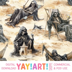 May include: A seamless pattern featuring skeletons dressed in black robes, enjoying a day at the beach. Some are relaxing in beach chairs, others are building sandcastles, and one is even enjoying a cocktail in a hammock. The background is a sandy beach with a watercolor effect.