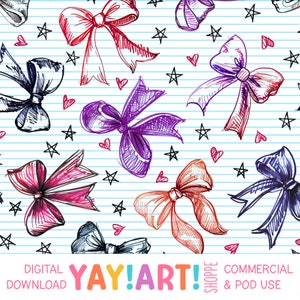May include: A seamless pattern featuring colorful hand-drawn bows on a blue and white striped background. The bows are in various colors, including red, purple, pink, orange, and blue. The background is reminiscent of notebook paper.