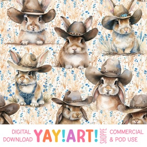 May include: A seamless pattern featuring watercolor illustrations of brown bunnies wearing cowboy hats. The bunnies are surrounded by small blue flowers and brown grass. The background is white.
