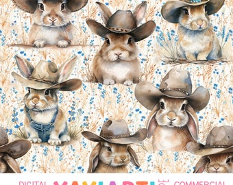 Cowboy Bunnies Seamless Pattern, Cute Spring Rabbits Floral Pattern, Watercolor Easter Digital Download