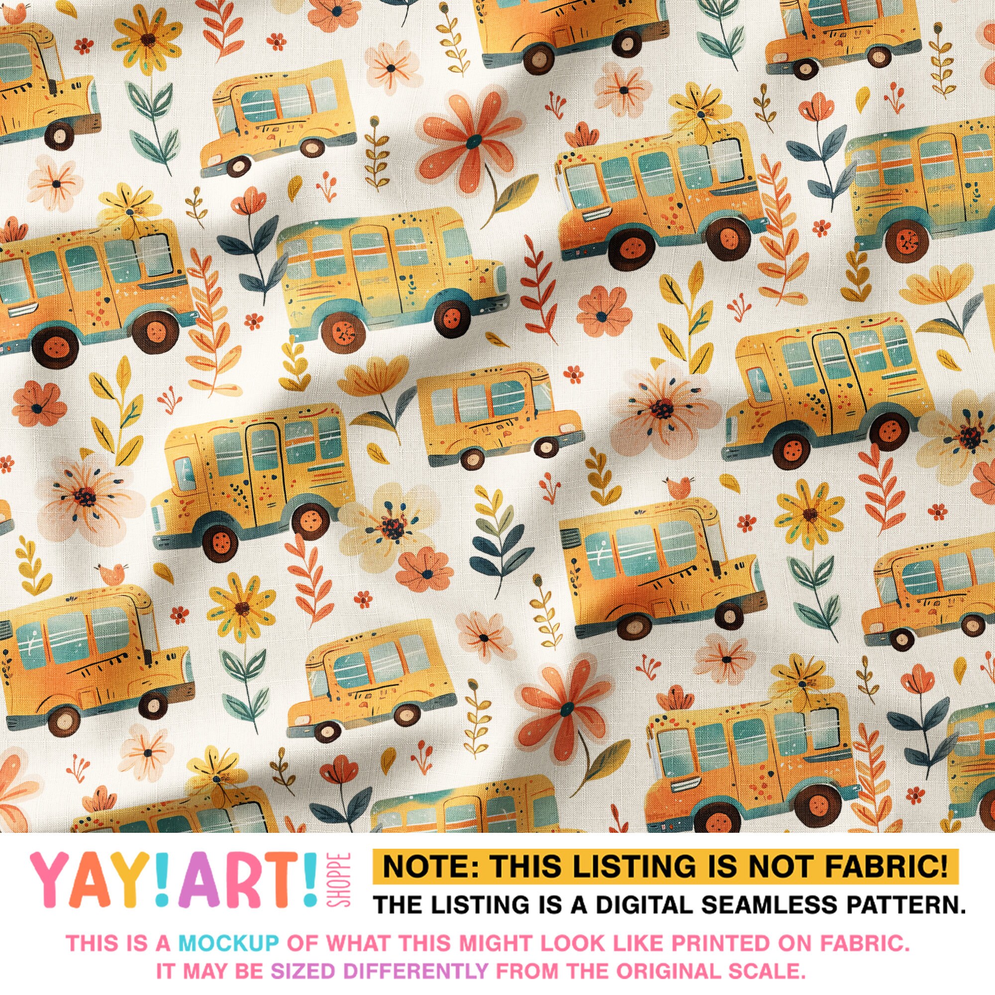 Cute School Bus Seamless Pattern, Flowers Leaves and Buses Repeat ...
