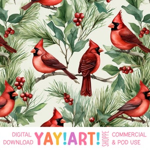 Cardinals Seamless Pattern, Watercolor Winter Birds Branches and Berries Repeat Pattern, Christmas Holiday Digital Download