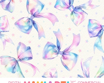 Naadloze pastelkleurige linten, schattig aquarelpatroon, girly strikken en sterren naadloze herhaling digitale download