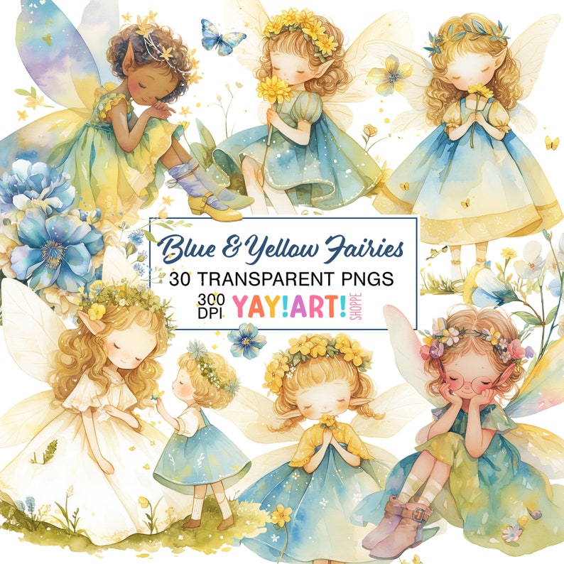 Blue & Yellow Fairies Clipart Bundle Set, Cute Fairy Watercolor ...