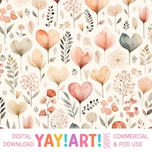 Padrão sem emenda de flores de coração Cottagecore, padrão de amor terroso neutro, download digital pastel silenciado para namorados naturais