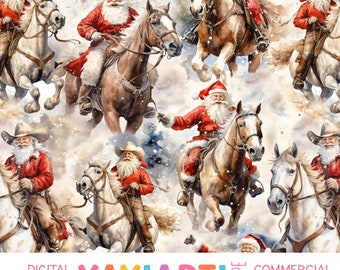 Cowboy Santas Seamless Pattern, Watercolor Santa on a Horses, Whimsical Holiday Vintage Cowboys Digital Download