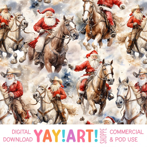 Cowboy Santas Seamless Pattern, Watercolor Santa on a Horses, Whimsical Holiday Vintage Cowboys Digital Download