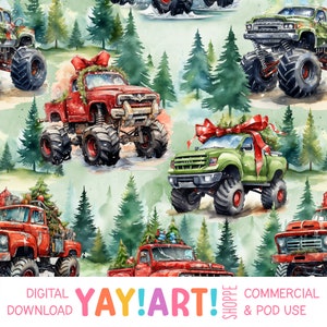 Modèle sans couture de Monster Trucks de Noël, modèle aquarelle de camion de vacances, téléchargement numérique de répétition sans couture de Noël garçon