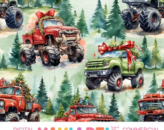 Christmas Monster Trucks Seamless Pattern, Watercolor Holiday Truck Pattern, Boy Christmas Seamless Repeat Digital Download