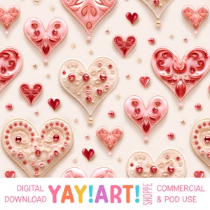 May include: A seamless pattern featuring pink and red hearts with intricate details and pearl-like embellishments. The hearts are arranged on a cream background with scattered small pink and white dots.