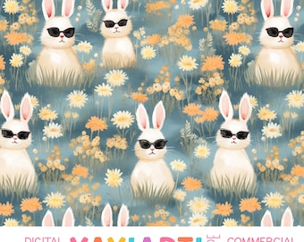 Bunnies in Sunglasses Seamless Pattern, Cute Spring Bunny Floral Pattern, Kids Easter Digital Download
