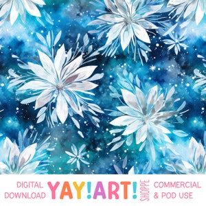 May include: Seamless pattern featuring white flowers with a watercolor effect on a blue background with white stars. The pattern is perfect for fabric, wallpaper, or other creative projects.