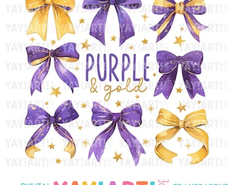 Lila & Gold Bögen mit Text Transparente PNG Clipart, niedliche Bänder Sublimationsdesign, Schulgeist DTF Heat Transfer Digital Download