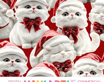 Patrón sin costuras de gatos navideños de cerámica, patrón repetido de figura de gato vintage, descarga digital de gato festivo lindo y caprichoso