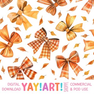 May include: A seamless pattern featuring watercolor illustrations of orange and brown bows with plaid and solid designs. The background is white with scattered yellow leaves.