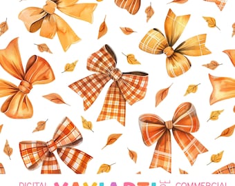 Autumn Bows on White Seamless Pattern, Orange Ribbons and Leaves Repeat Patten, Cute Girly Fall Season Download
