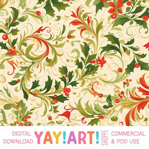 Elegant Holiday Swirls Seamless Pattern, Winter Holly and Berries Pattern, Whimsical Seasonal Digital Download
