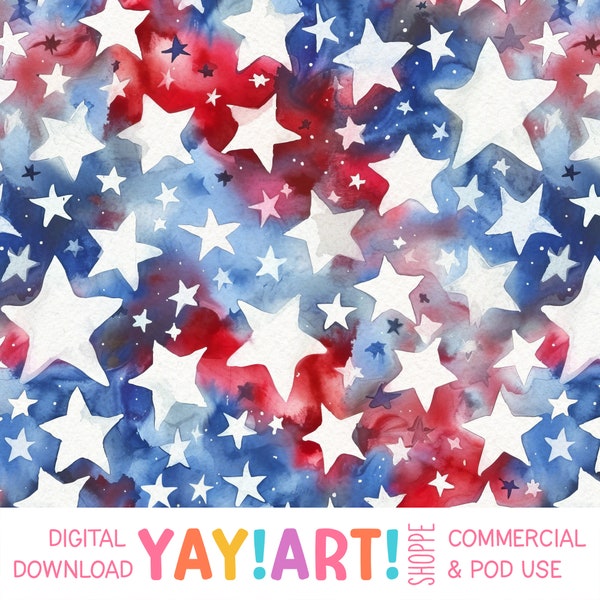 Red White & Blue Watercolor Stars Seamless Pattern, Patriotic Celebration Repeat Patten, Red White and Blue Digital Download