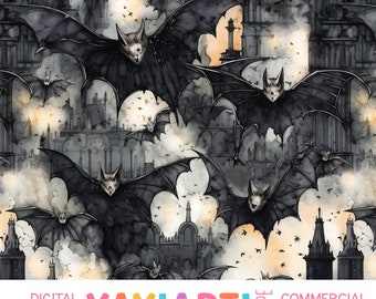 Creepy Bat Cityscape Seamless Pattern, Horror Dark Halloween Bats, Spooky Fantasy Halloween Digital Download