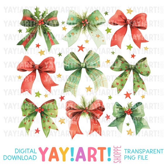 Christmas Bows Transparent PNG Clipart, Cute Coquette Ribbons Sublimation Design, Girly Holiday DTF Heat Transfer Digital Download