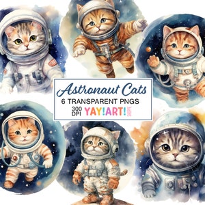Ensemble de cliparts chats astronautes, Illustrations de chatons de l'espace mignons, chats dans l'espace PNG en téléchargement numérique