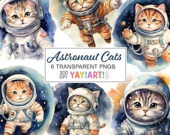 May include: Watercolour illustrations of tabby cats in astronaut suits set against a space-themed backdrop. The image includes the text "Astronaut Cats" and details about the PNG files.